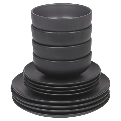 URBN-CHEF (12Pc Black) Coloured Stone Ceramic Dinnerware Crockery Plates Bowls Dining Set