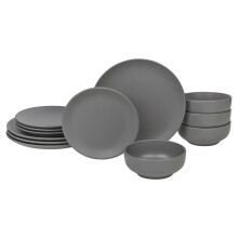 (12Pc Grey) Coloured Stone Ceramic Dinnerware Crockery Plates Bowls Dining Set