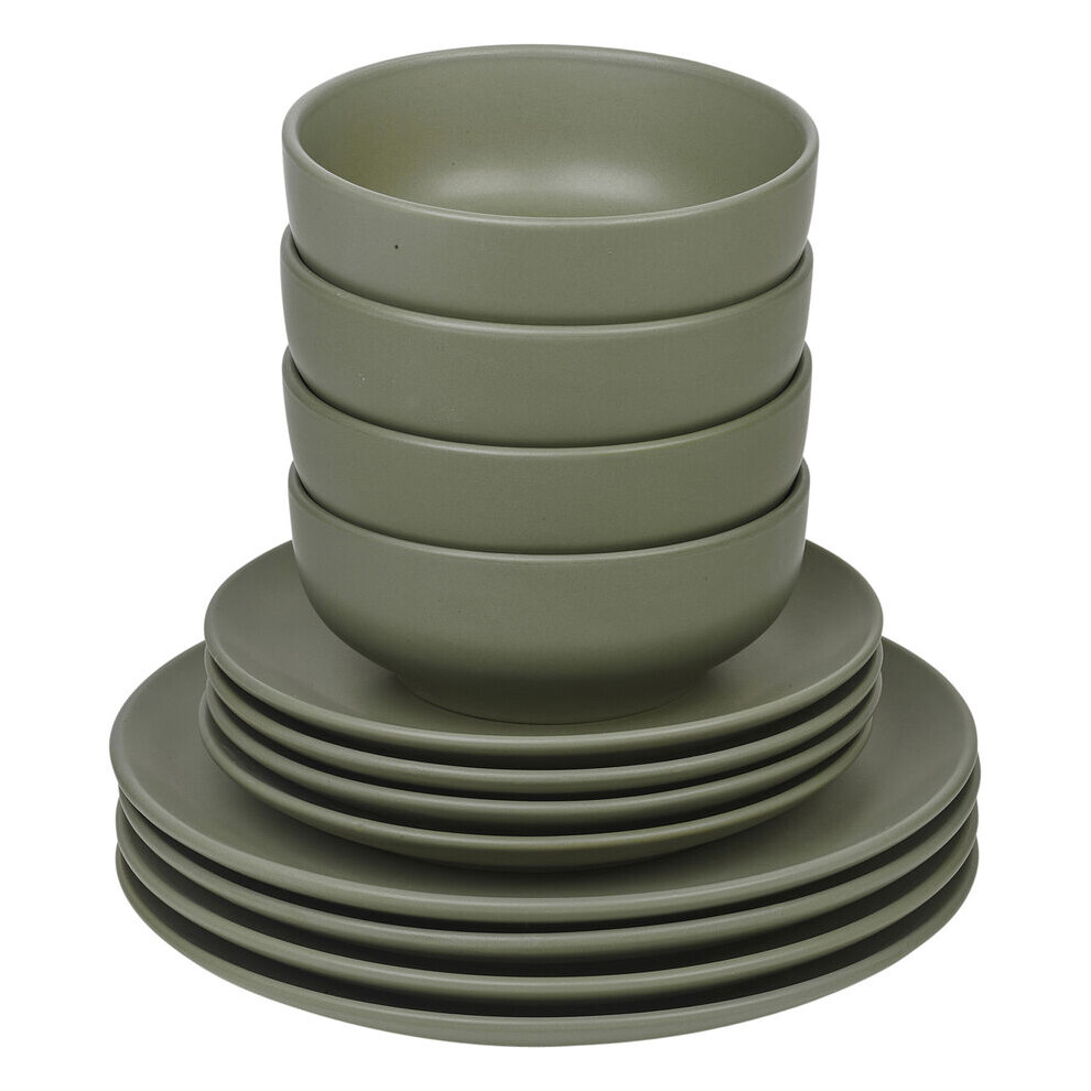 (12Pc Green) Coloured Stone Ceramic Dinnerware Crockery Plates Bowls Dining Set