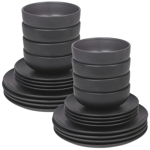 URBN-CHEF (24Pc Black) Coloured Stone Ceramic Dinnerware Crockery Plates Bowls Dining Set