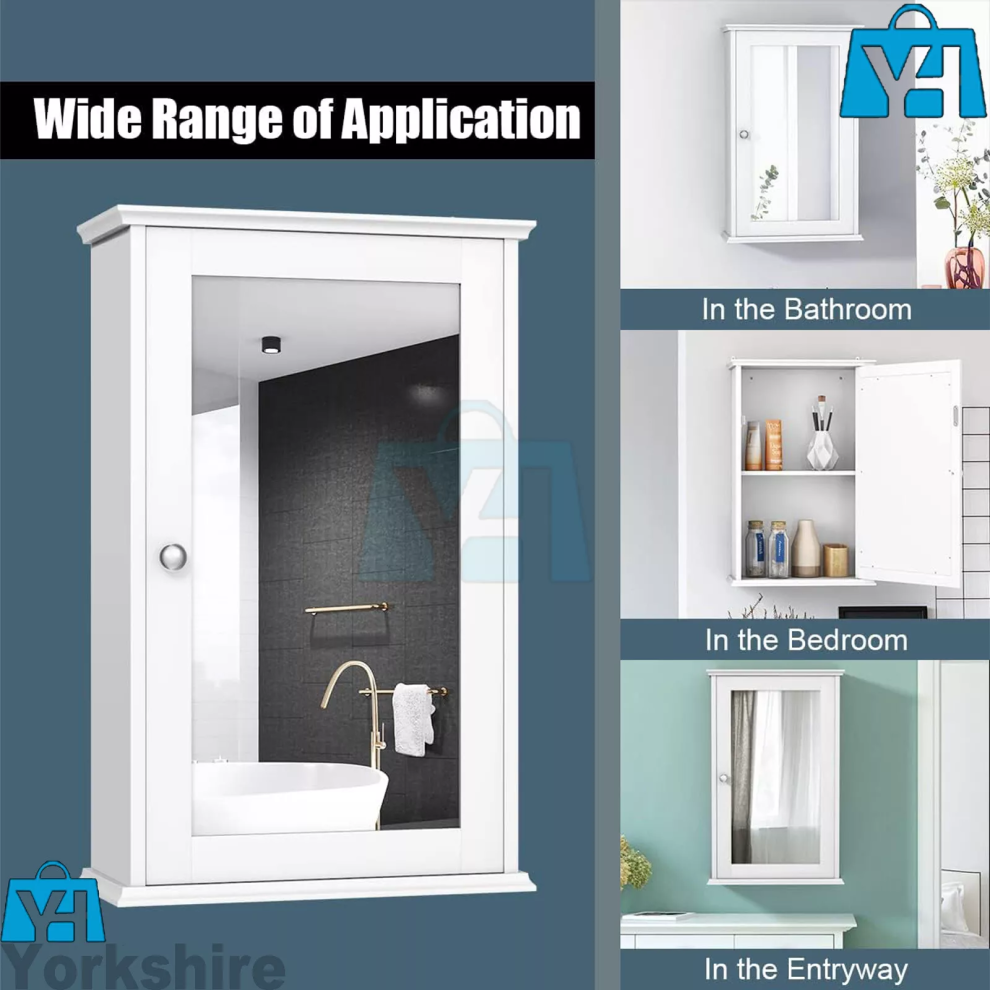 WALL MOUNT MIRROR STORAGE CABINET SINGLE DOOR BATHROOM MEDICINE WHITE