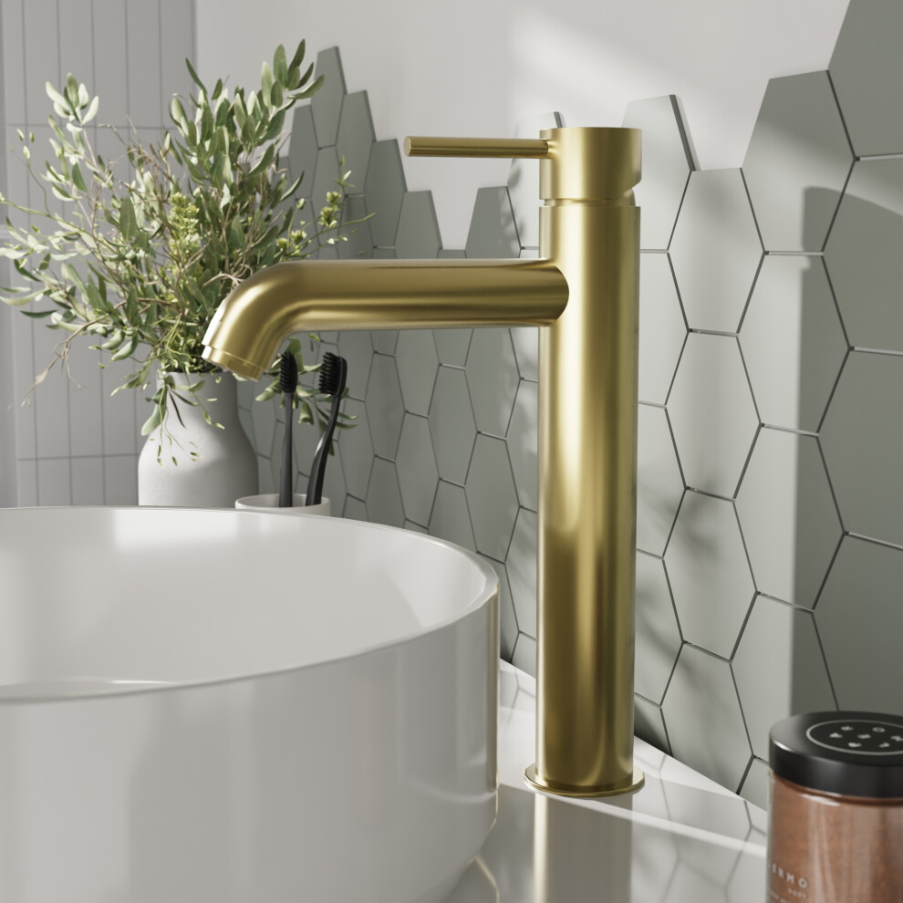 Round Minimalist Tall Mono Basin Mixer Tap - Brushed Brass
