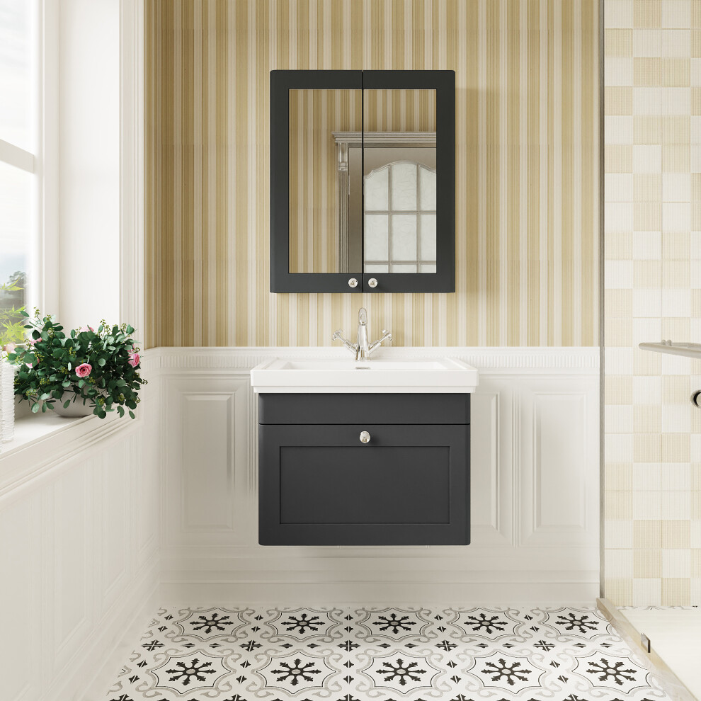 Traditional Wall Hung 1 Drawer Vanity Unit with 1 Tap Hole Fireclay Basin, 600mm - Soft Black