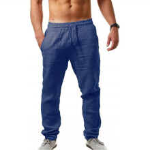 (Dark blue, L) Mens Cotton Linen Long Pants Summer Breathable Linen Trousers