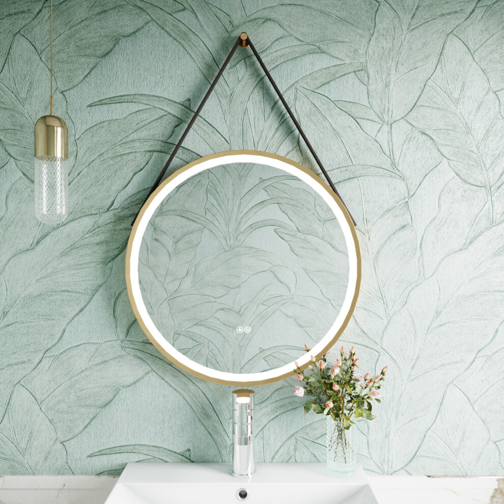 Balterley Round Led Illuminated Touch Sensor Framed Mirror With Demister & Strap, 600Mm - Brushed Brass/Brown
