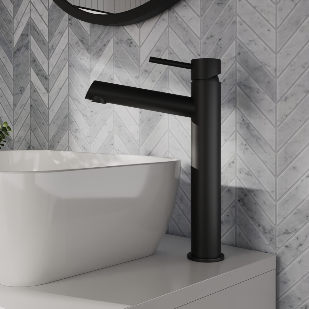 Minimalist Round Tall Mono Basin Mixer Tap - Matt Black-image-OPC-PF2ZS8X-NEW