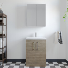Compact Floor Standing 2 Door Vanity Basin Unit with Ceramic Basin - 600mm - Woodgrain Solace Oak