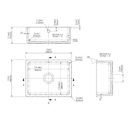 Balterley Fireclay Single Bowl Square Undermount Kitchen Sink with Overflow, 548mm - Soft Black 2