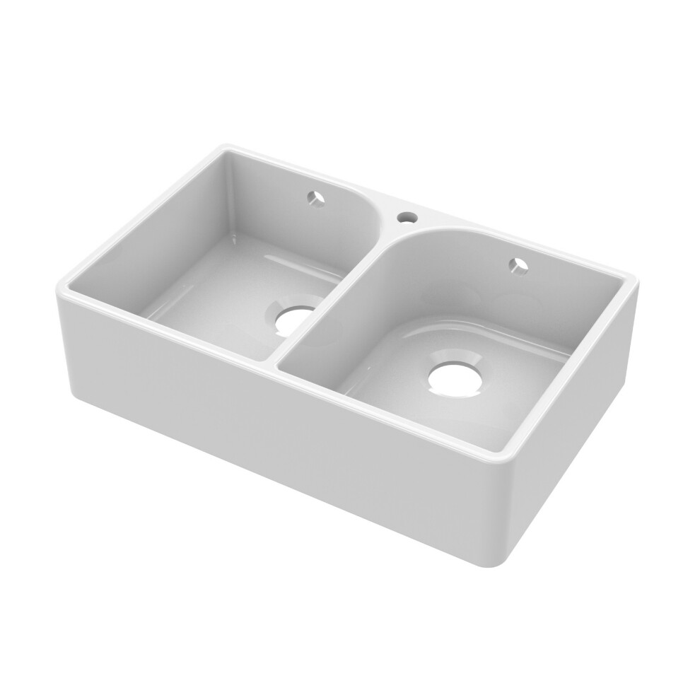 Fireclay Double Bowl Full Weir Butler Kitchen Sink, Overflow & Tap Hole 795mm