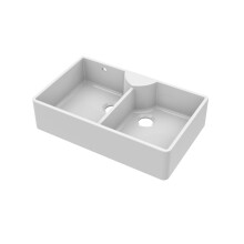 895mm - Fireclay Double Bowl Stepped Weir Butler Sink - with Tap Ledge, Overflow, No Tap Hole & Tap