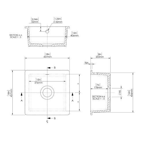 Balterley Fireclay Single Bowl Square Undermount Kitchen Sink, Central Waste & Overflow, 457mm - Soft Black 2