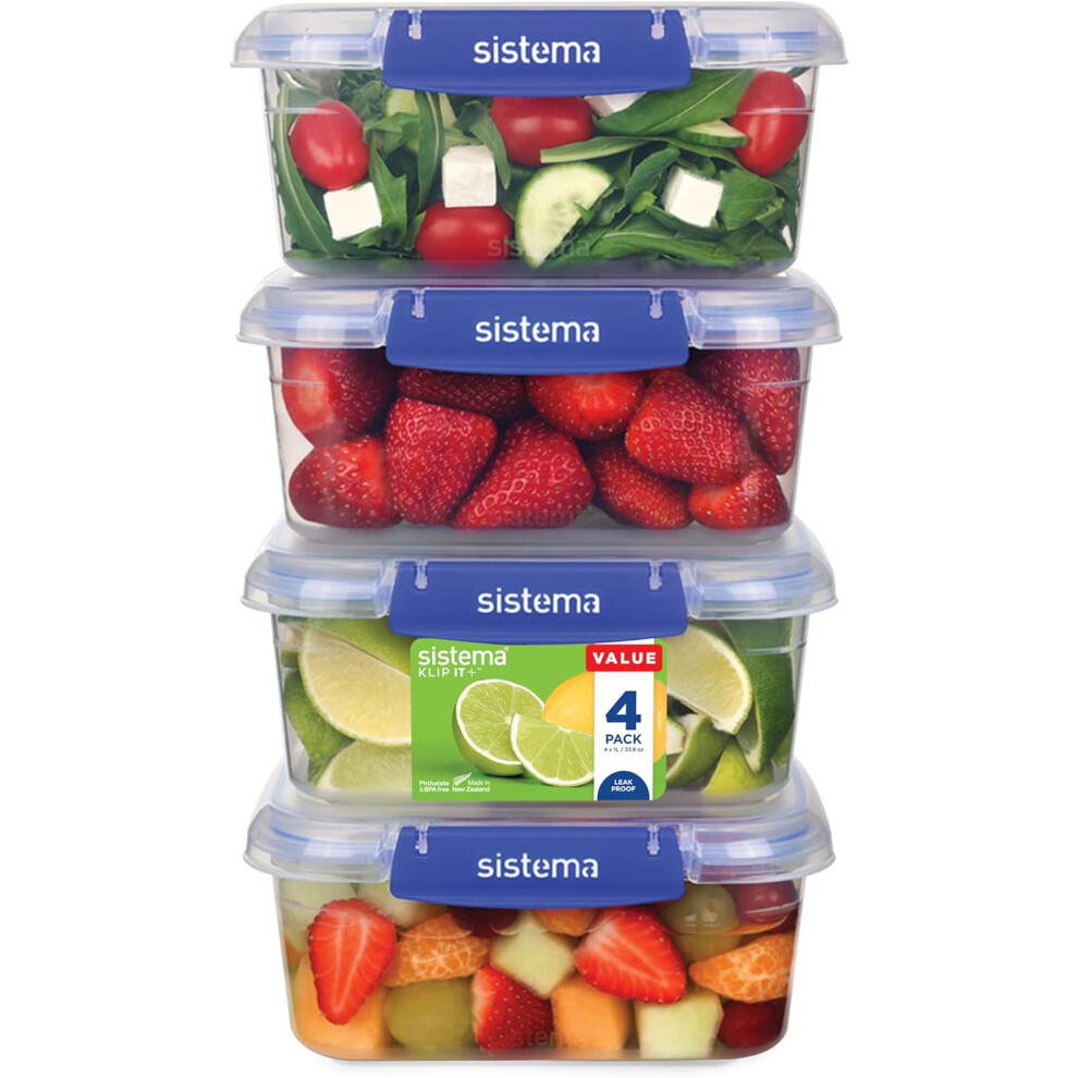 (1L 4 Pack) SISTEMA KLIP IT PLUS Food Storage Containers Leak-Proof Stackable/Airtight BPA-Free