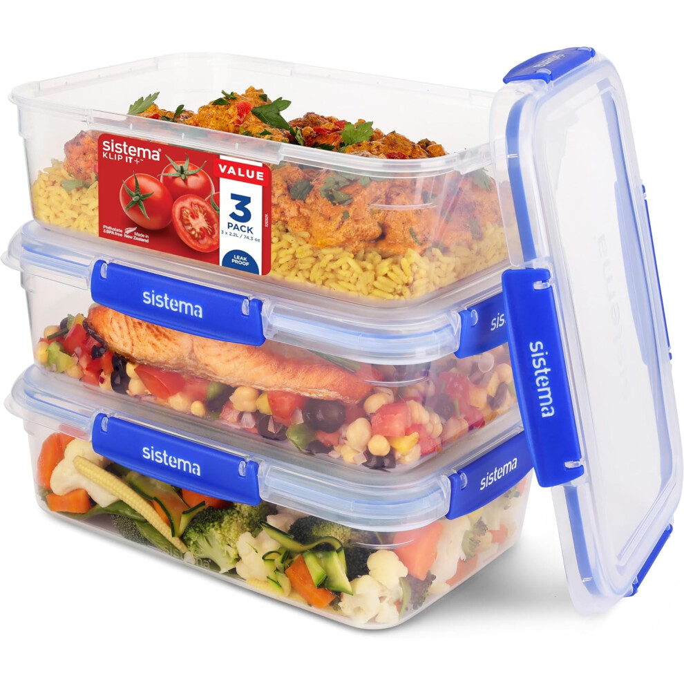 (2.2L 3 Pack) SISTEMA KLIP IT PLUS Food Storage Containers Leak-Proof Stackable/Airtight BPA-Free