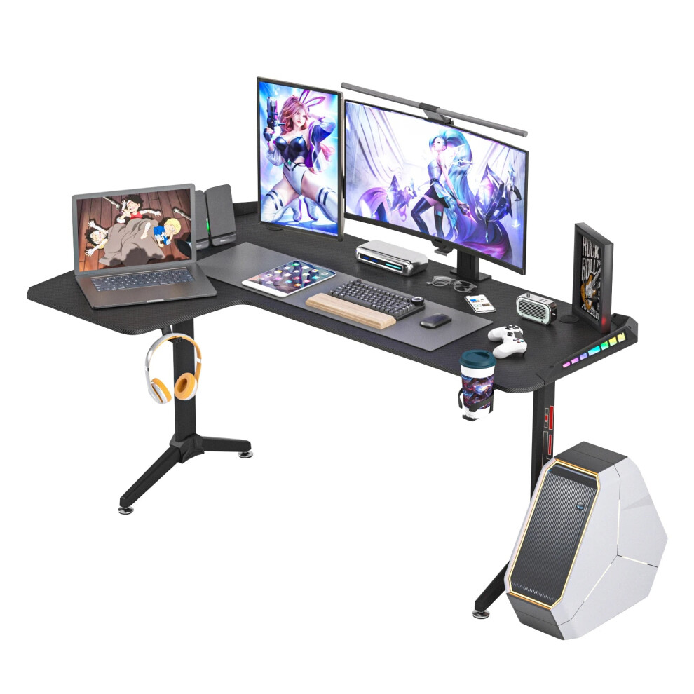 (Left) Large Standing Desk L Shaped, 60 Inch Gaming Desk, Rising Sit Stand Up Corner Desk With RGB LED Lights For Computer Home Office