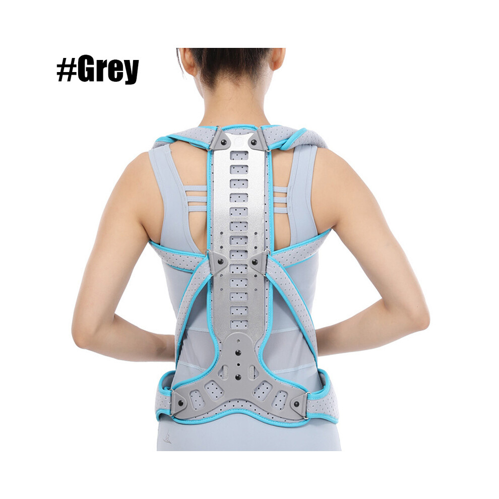 (S, Grey) Metal Full Back Brace Posture Corrector Men Women Upper Back Straightener