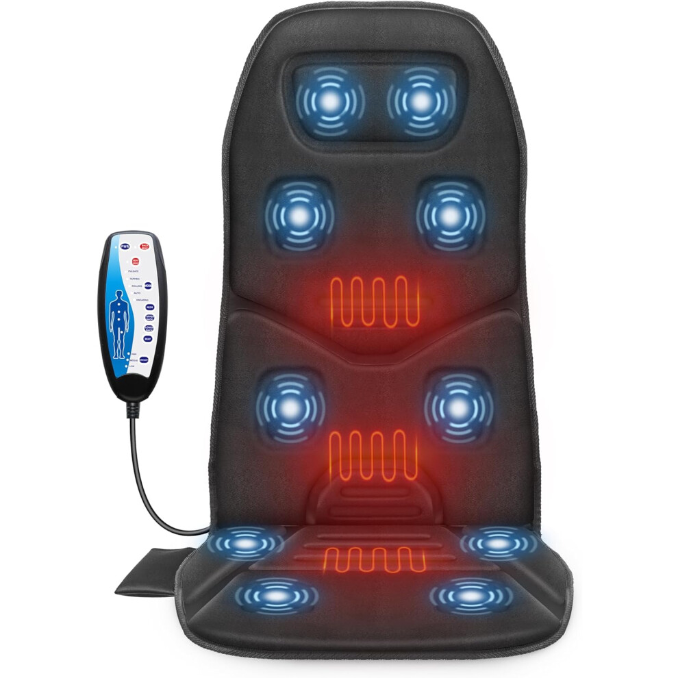 (Dark Black) Comfort back massager with heating, massage chair with 10 vibration massage motors, massage chair cushion for back pain relief, chair massager