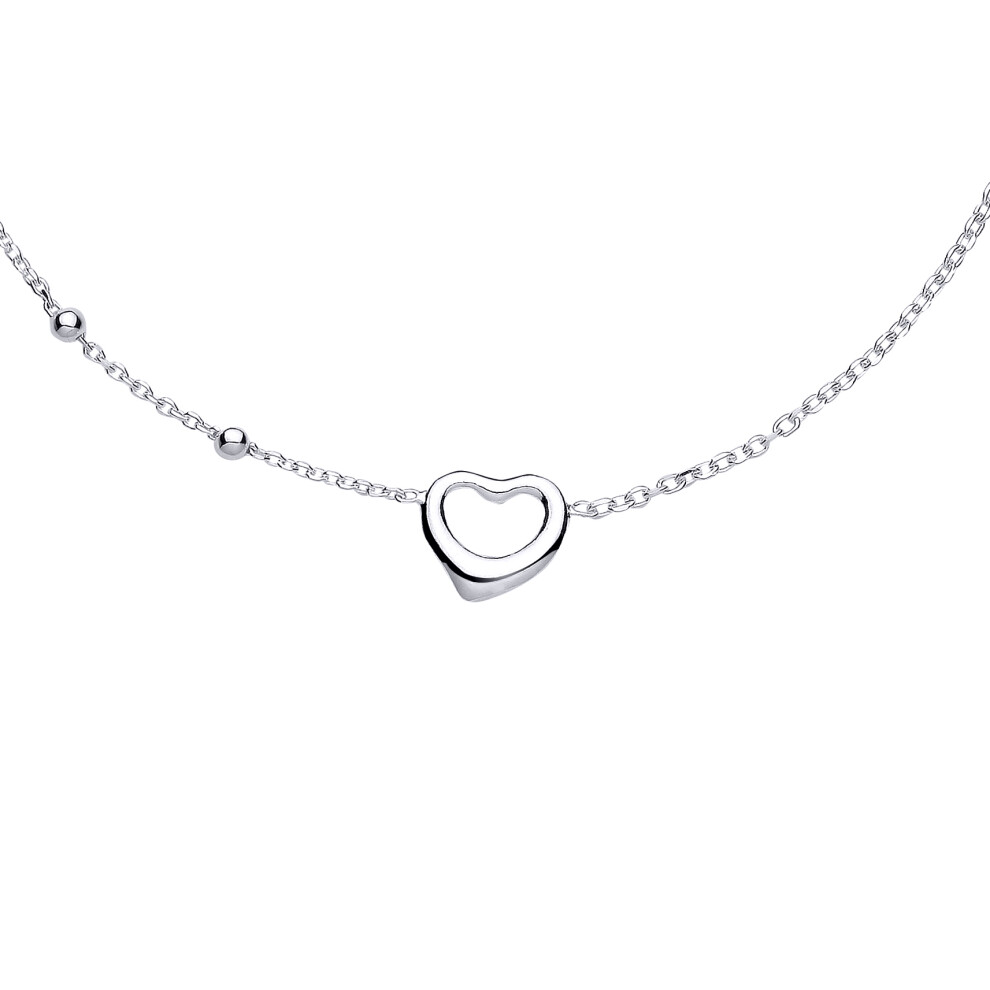 Jewelco London Rhodium Plated Sterling Silver Love Heart Bead Chain Station Ankle Bracelet 14mm 2mm 9+1 inch - ANK008