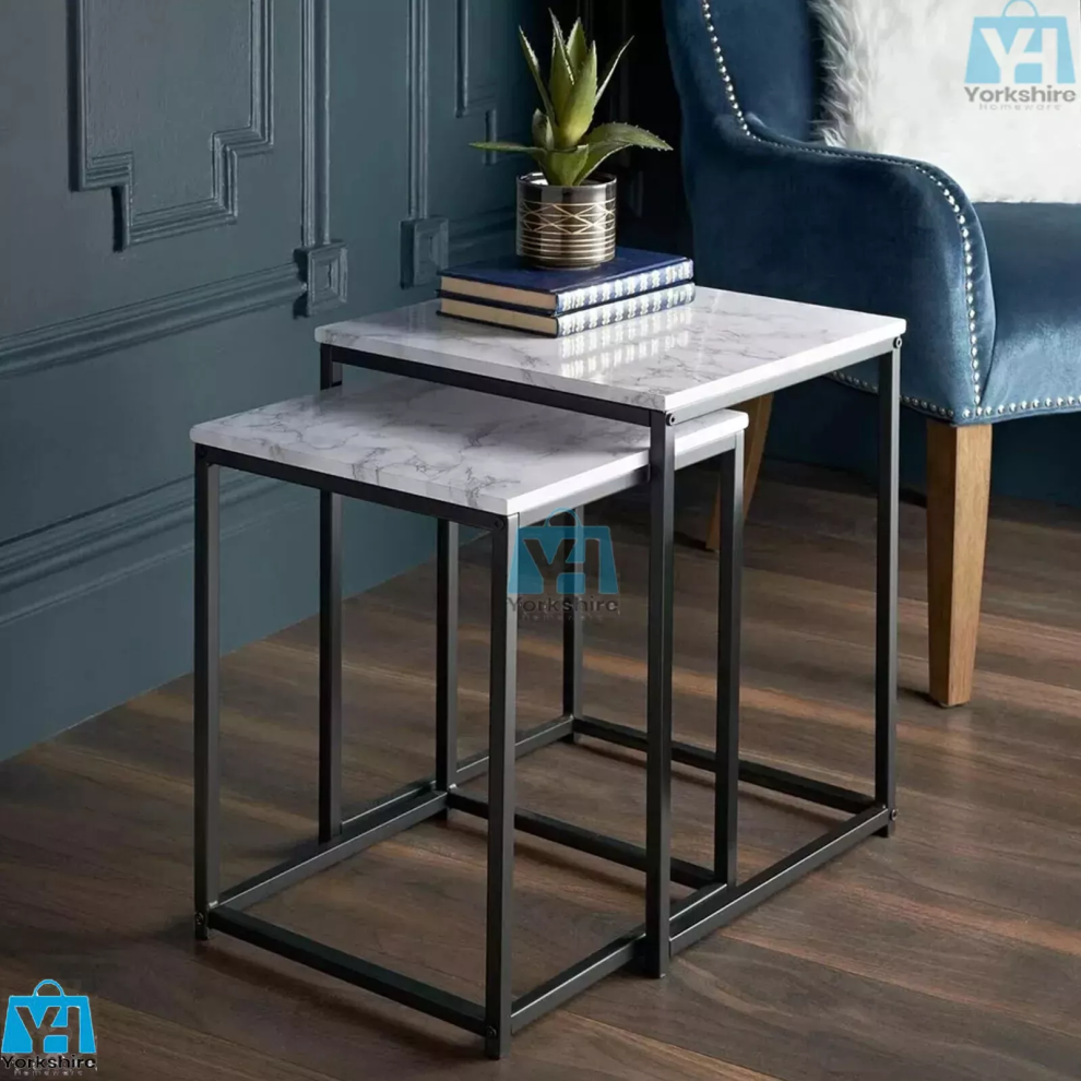 2 Coffee Table White Marble Effect Top Nest Of 2 Tables Metal Black