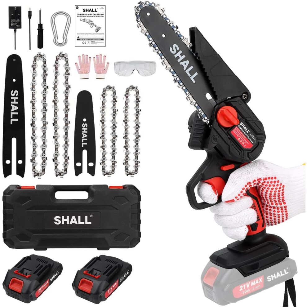 21V portable mini chainsaw, 2 fast-charging batteries, 4 chains, brushless motor, cutting branches, gardening