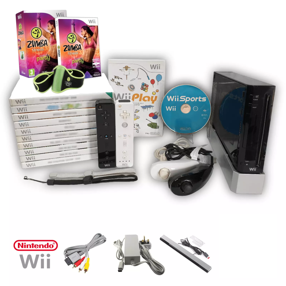 (Black Console Bundle) Nintendo Wii Console 2 Remotes + Loads of Games! Wii Sports Play  Zumba