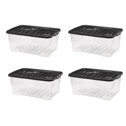 Strata Strata 4 x 42 Litres Curve Plastic Stackable Storage Box & Lid Clear/Black Lid 1