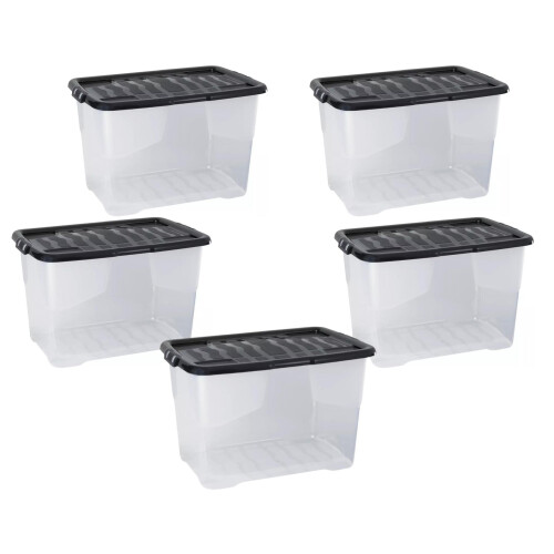 Strata Strata 5 x 65 Litres Curve Plastic Stackable Storage Box & Lid Clear/Black Lid 1