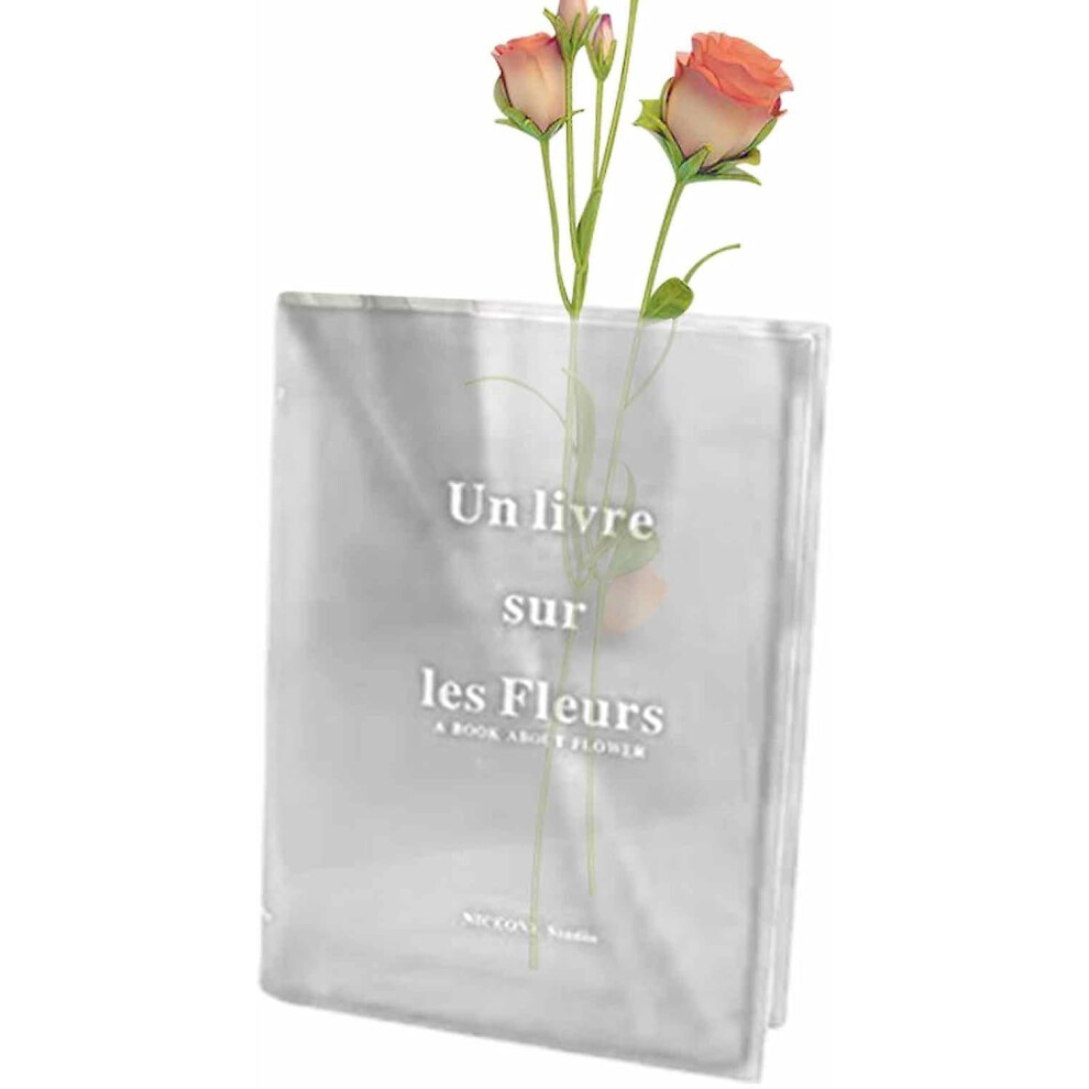 (Transparent White Text) Book Shaped Vase, Clear Book Flower Vase, 2023 New Clear Book Flower Vase, Artistic Decorative Acrylic Vase, Cute Bookshelf D