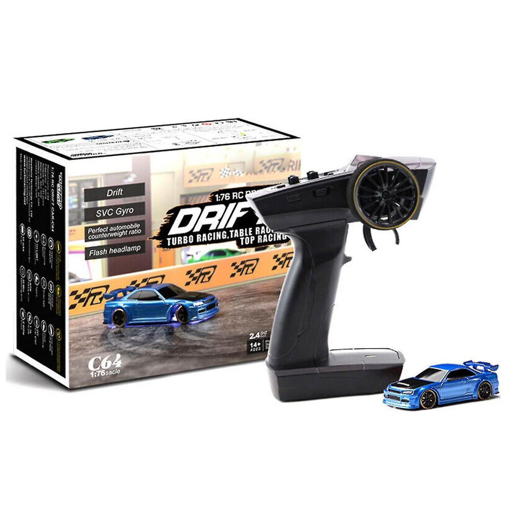 (Blue) Turbo Racing 1:76 C64 Drift Rc Car With Gyro Radio Full Proportional Toys Rtr Kk Blue