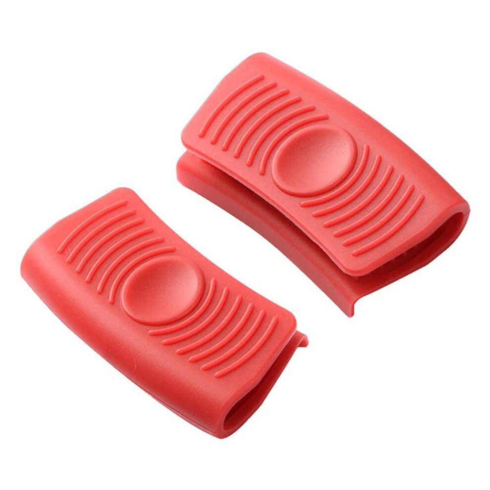 (red) 2pcs Silicone Anti-Scald Pot Handle Grip Cover Anti-slip Heat Resistant Pot Clip Holder Sleeve for Frying Cast Iron Skillet Pan