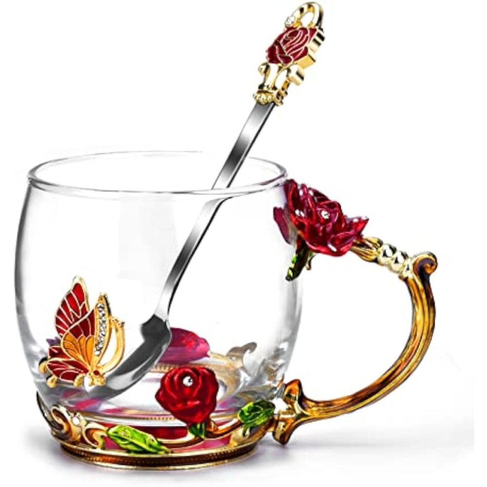 Gifts for Mom Women Mothers Day Glass Coffee Enamels Mug Best Birthday Butterfly Rose Gifts for Her from Daughter Son Lead-Free Valentines Day