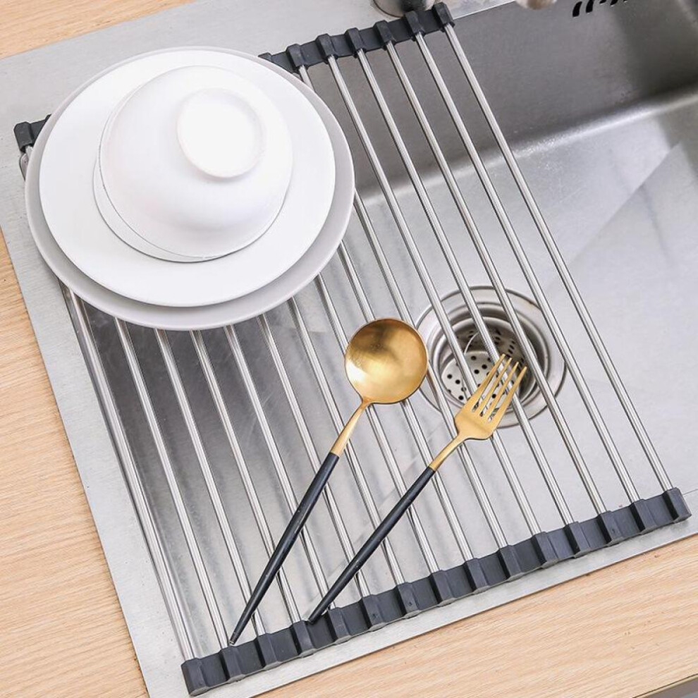 (Black) Foldable Stainless Steel Dish Drainer Roll Up Dish Drying Rack Shelf Kitchen Sink Holder Drainage Plate Bowl Fruit Plate Storage