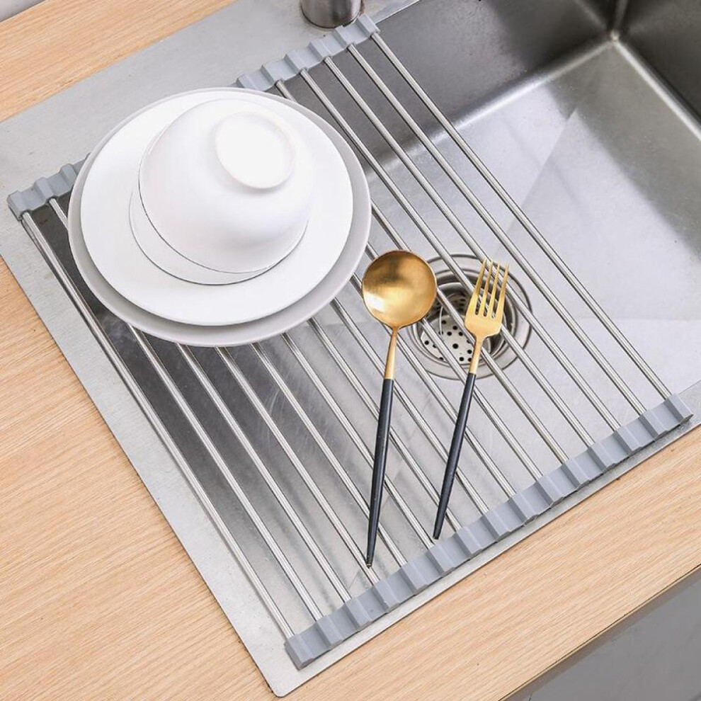 (Silver) Foldable Stainless Steel Dish Drainer Roll Up Dish Drying Rack Shelf Kitchen Sink Holder Drainage Plate Bowl Fruit Plate Storage