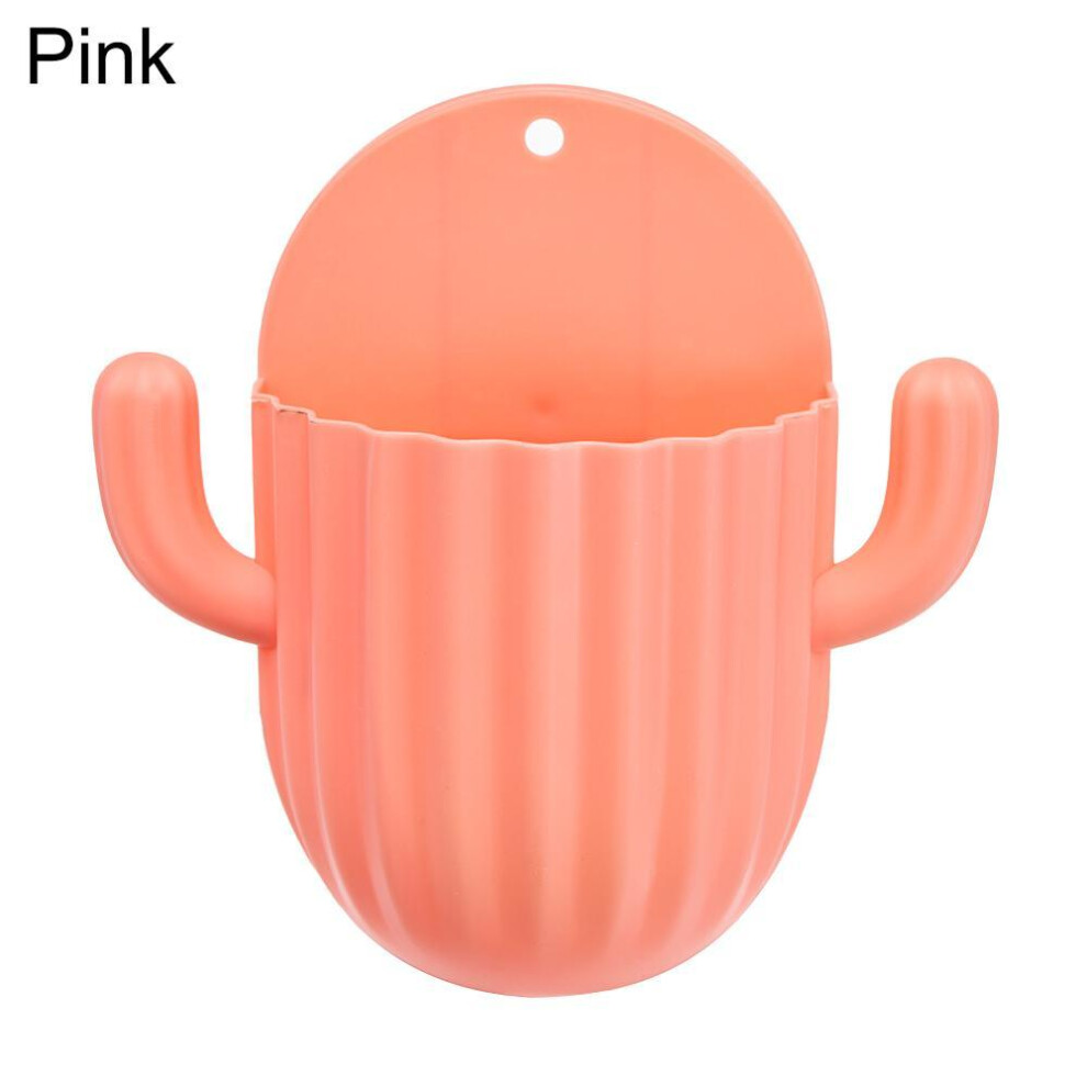 (Pink) Toothbrush Holder Household Wall Self-adhesive Seamless Cactus Storage Rack Shaver Organizer Drain Shelf Bathroom Accessories