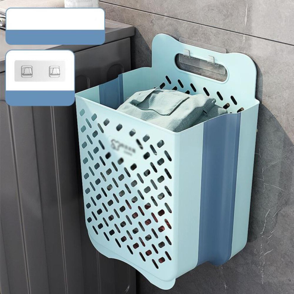 (Blue) Folding Bathroom Laundry Basket Wall-mounted Dirty Clothes Storage Basket Household Laundry Bag Laundry Bathroom Organizer