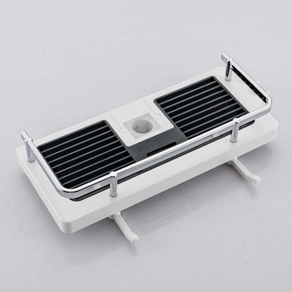 (White) Multifunction Home Decor Organizer Bathroom Lifting Rod Removable Stand No Drilling Soap Holder Shower Shelf Storage Rack Tray
