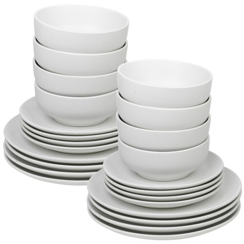 (32 Pcs White) Coloured Stone Ceramic Plates Pasta Bowls Set