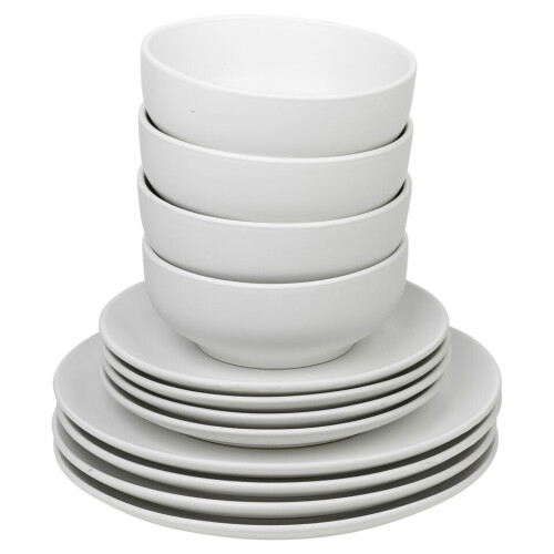 (32 Pcs White) Coloured Stone Ceramic Plates Pasta Bowls Set 2