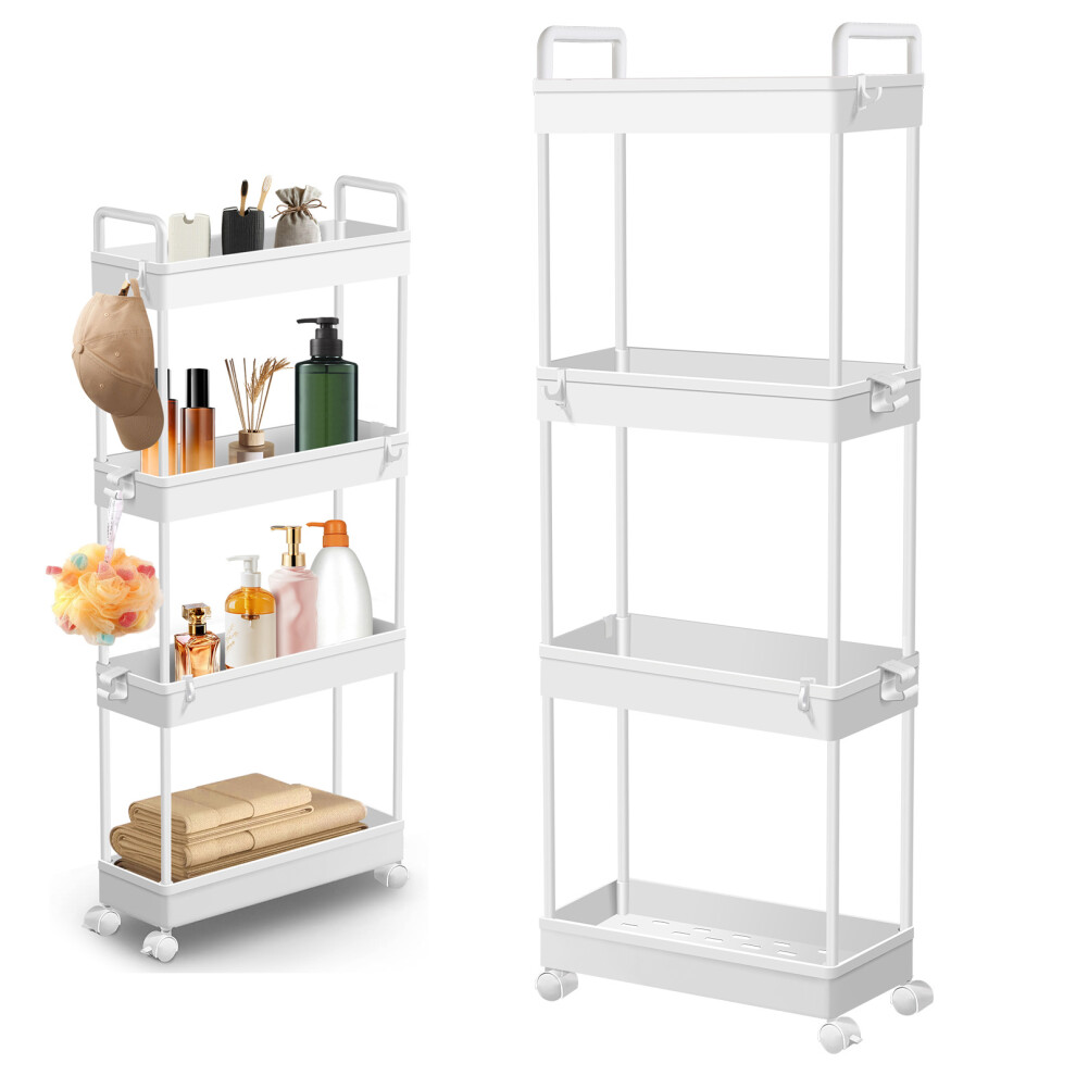 4-Tier Storage Trolley Cart Slide-out Slim Rolling Utility Cart Mobile Storage Shelving Organizer for Kitchen, Bathroom, Laundry Room, Narrow Places