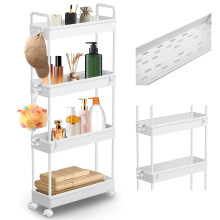 4-Tier Plastic Rolling Storage Cart Utility Cart with Extra Hanging Hooks Handles Lockable Wheels for Living Room Bathroom Kitchen Office