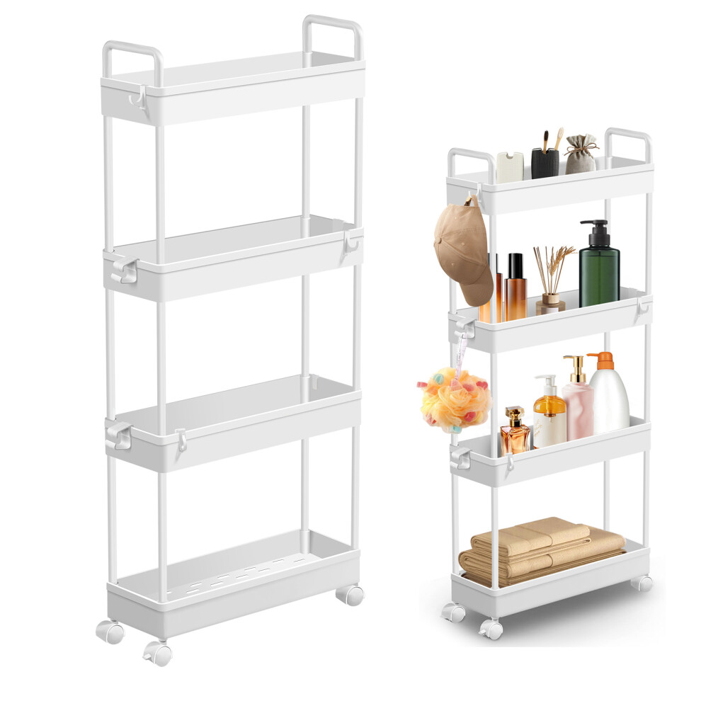 4 Tier Slim Bathroom Rolling Storage Trolley Organiser with Wheels, Narrow Craft Utility Cart Small Skinny Plastic Rack Organizer for Snack