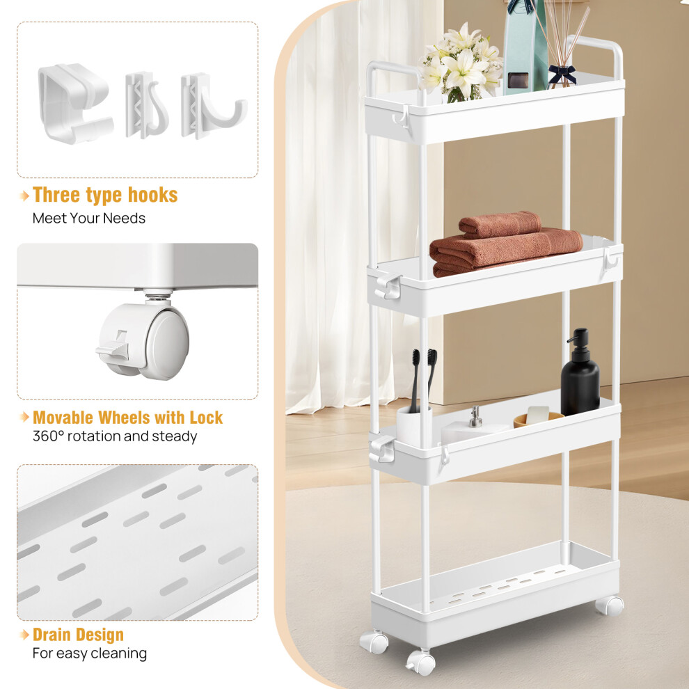 Storage Trolley 4-Tier Slim Storage Cart Rolling Utility Cart Mobile Shelving Unit Trolley Organizer Cart for Kitchen Bathroom Laundry Plastic