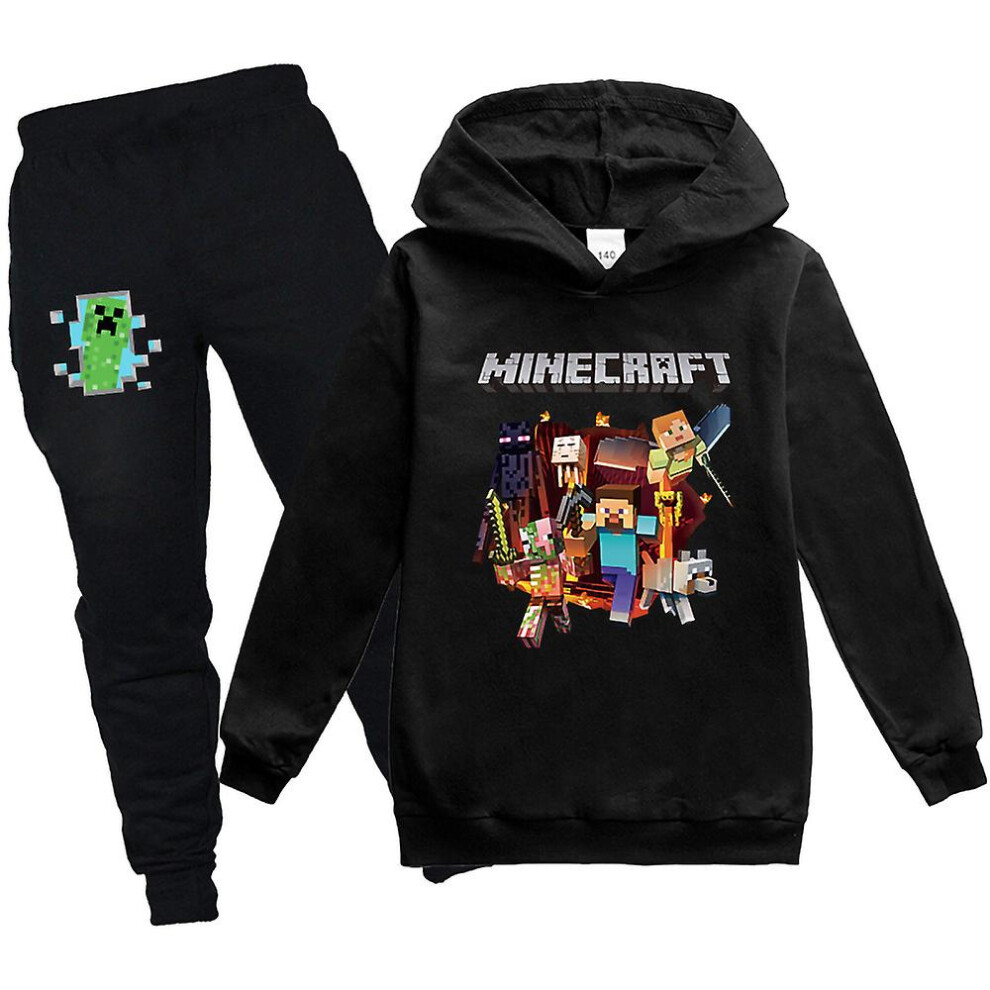 (Black, 120cm) Minecraft Print Kids Hoodies Tracksuit Set Boys Girls Hooded Sweatshirt Casual Jogger Pants Outfit Set Activewear