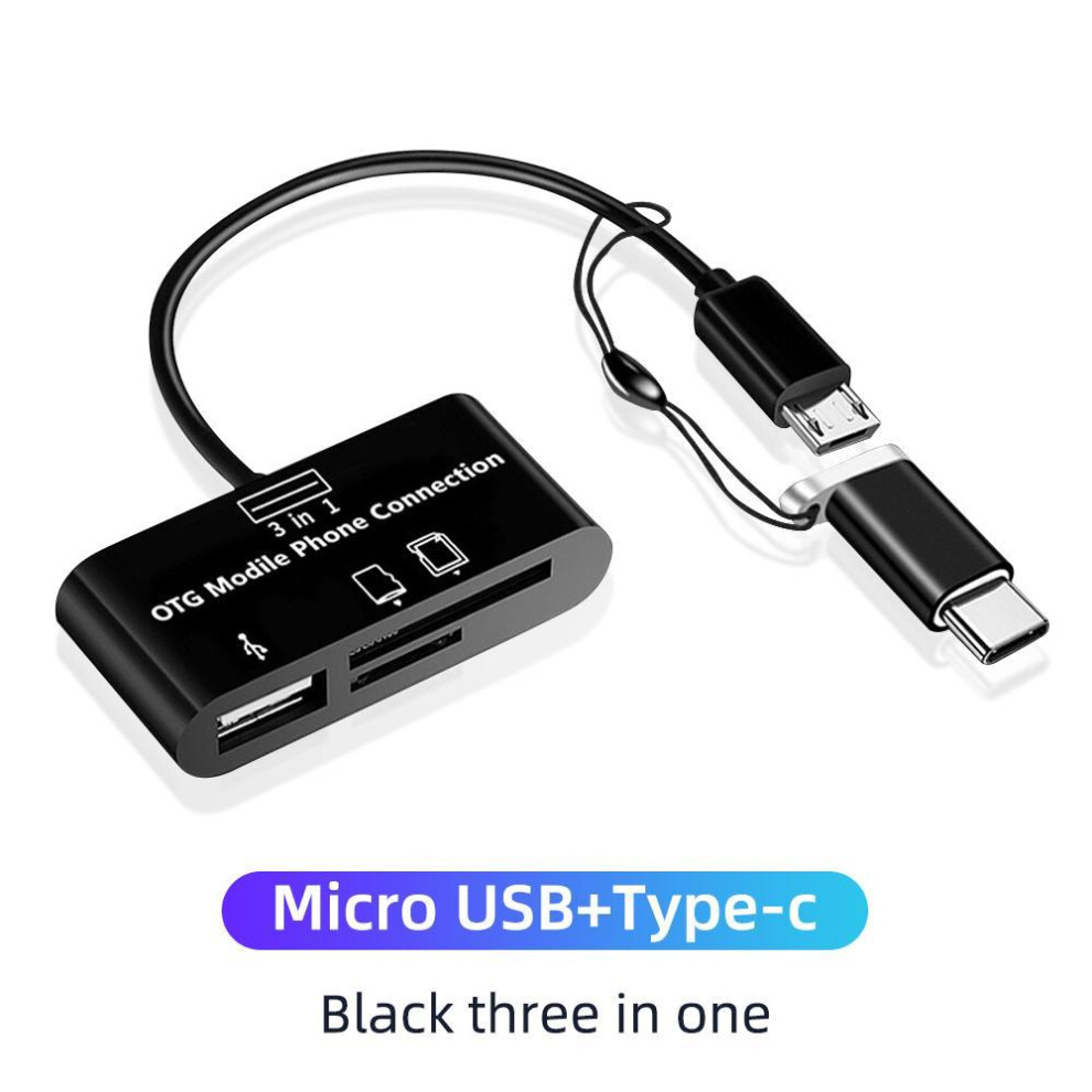 (Black) Fonken 3 in 1 Type-c Micro USB SD TF Phone OTG Card Reader Host Adapter SD Card Reader U Disk Reader Adapter For Phone Macbook Tablet