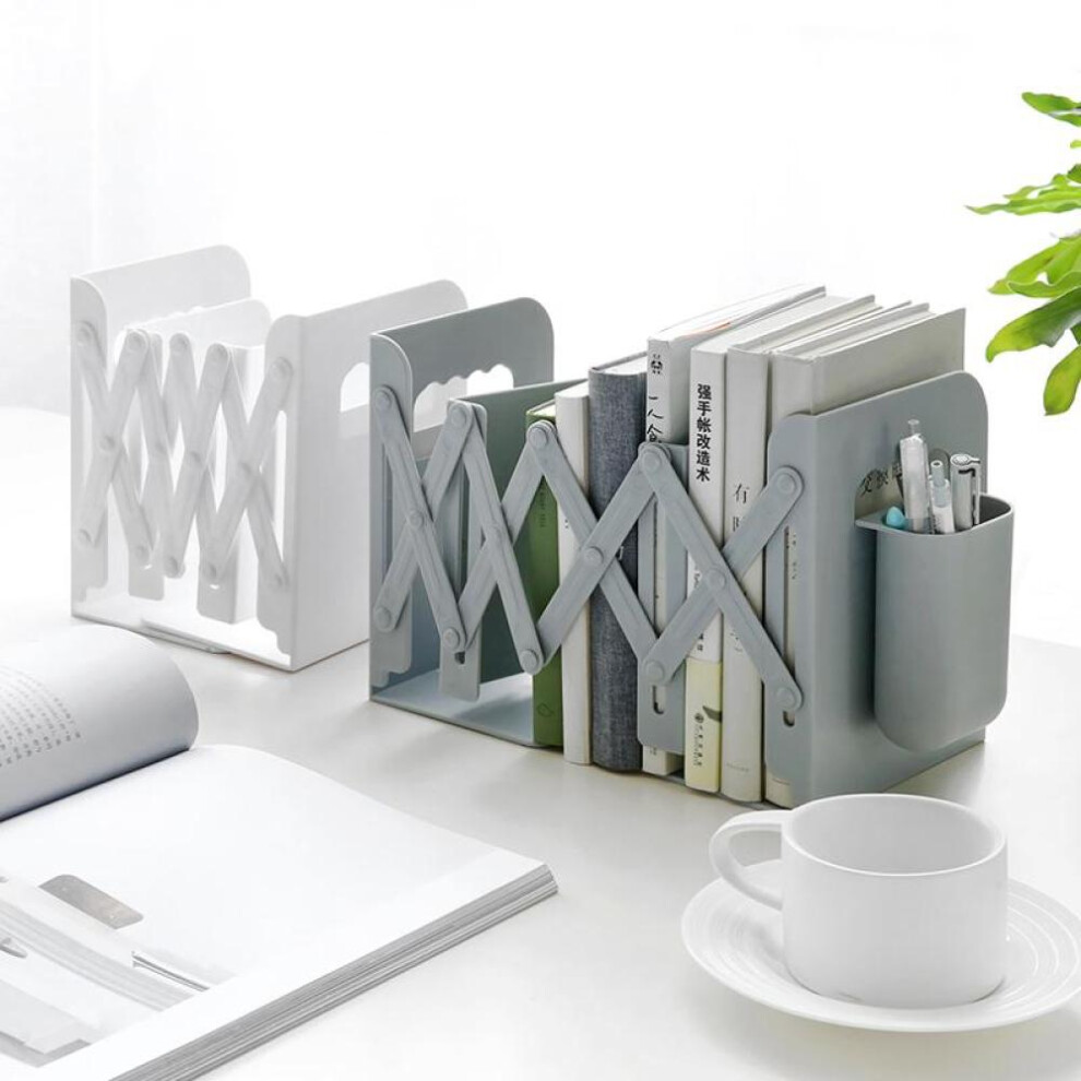 (Gray) Retractable Bookends For Shelves Book Support Stand Set Adjustable Bookshelf With Pen Holder Desk Organizer Office Accessories