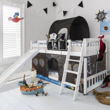 (Tuva Cabin Bed Low with Bunk Underbed Slide & Pirate Hideaway Package in Classic White) Tuva Cabin Bed Low with Bunk and Accessories