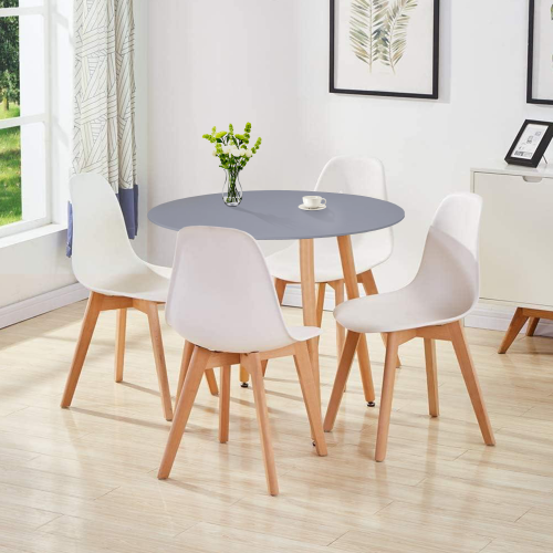 4 White Plastic Leather Chairs with Grey Round Wood Table 1