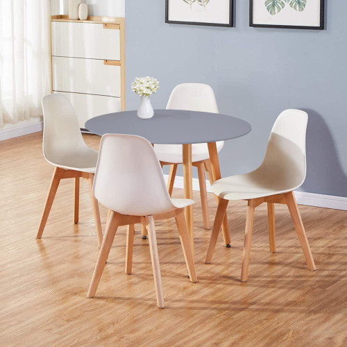 4 White Plastic Leather Chairs with Grey Round Wood Table 2