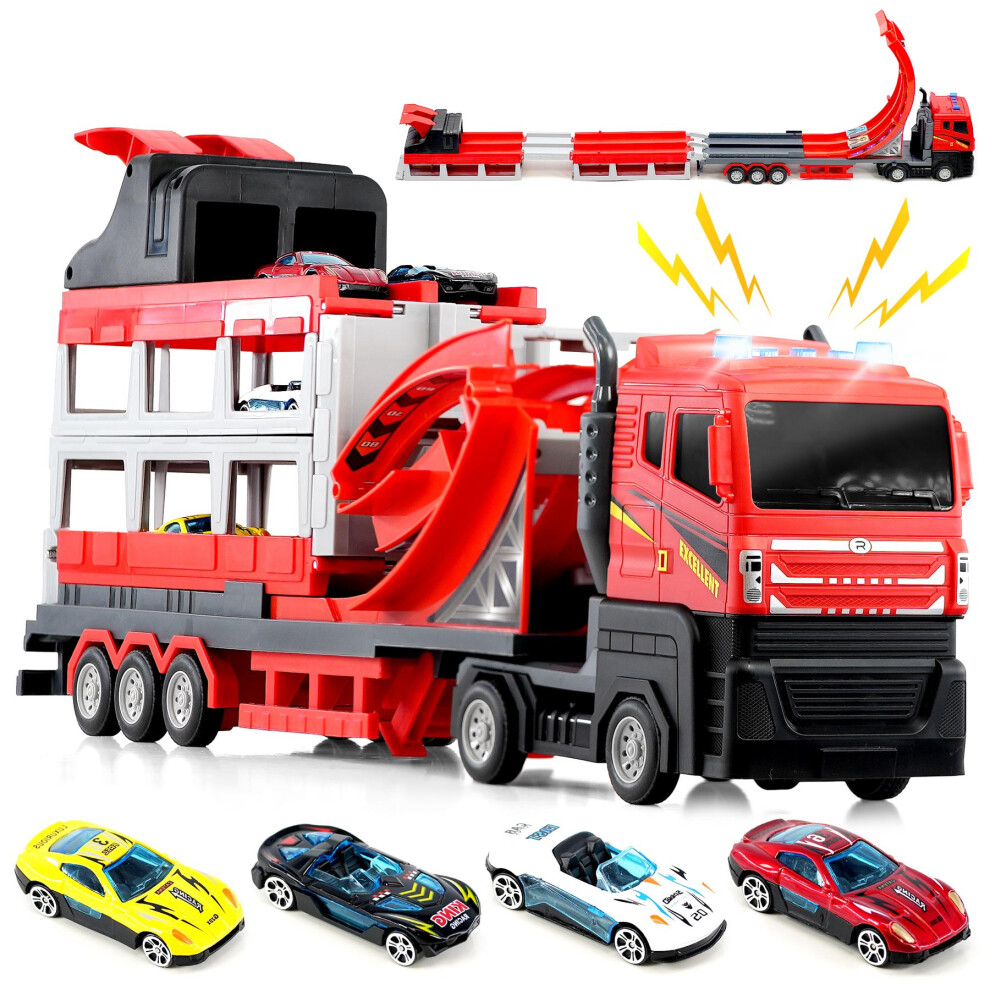 The Magic Toy Shop Transport Truck Portable Ejection Race Track Folding Catapult Kids 4 Car Toy Set