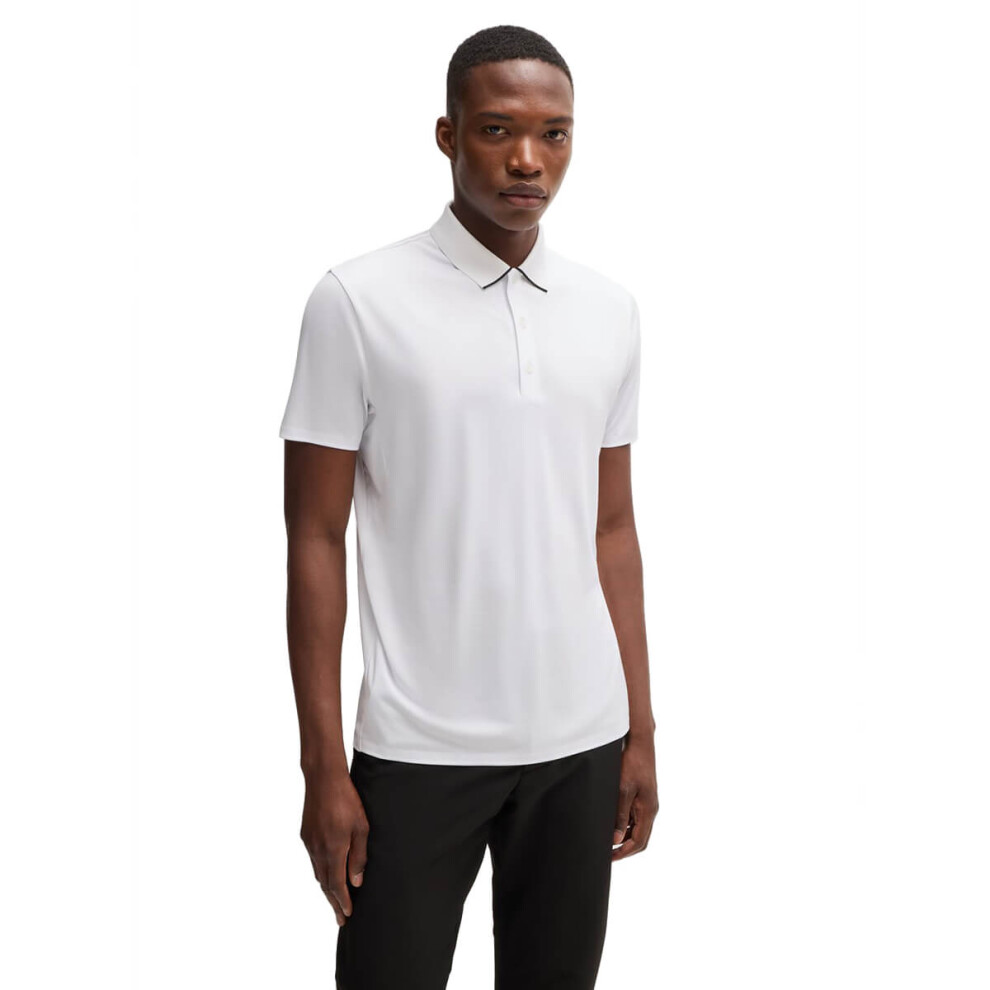 (L, White) Hugo Boss Mens Paddytech Lightweight Stretch Quick Drying Golf Polo Shirt