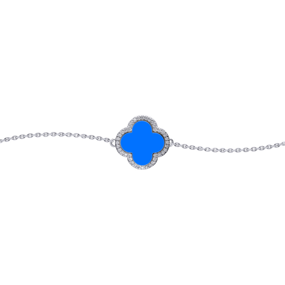 Jewelco London Silver Blue Clover Agate & CZ Halo Lucky Charm Chain Bracelet 7-8.5" - ABB243